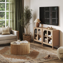 Arched Glass Door TV Console for TVs up to 65" Raw Oak