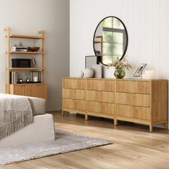 Mid-Century Fluted 3-Drawer Dressers Warm Pine (Set of 3)