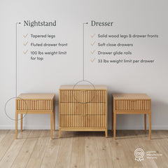 Fluted Dresser and 2 Nightstands Set Warm Pine