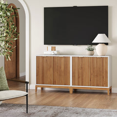 Mid-Century Fluted Storage Credenza Warm White Warm Pine (Set of 2)