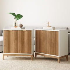 Mid-Century Fluted Storage Credenza Warm White Warm Pine (Set of 2)