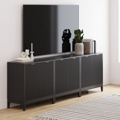 Mid-Century Fluted Storage Cabinet Credenza Black Oak (Set of 3)