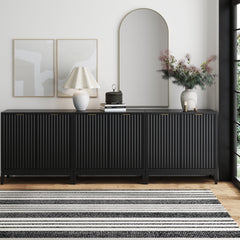 Mid-Century Fluted Storage Cabinet Credenza Black Oak (Set of 3)