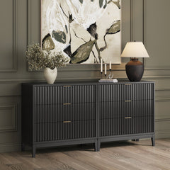 Mid-Century Fluted 3-Drawer Dressers Black Oak (Set of 2)