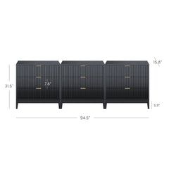 Mid-Century Fluted 9-Drawer Extra Large Dresser Black (Set of 3)