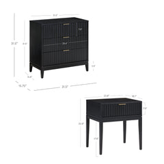 Mid-Century Wooden Fluted Dresser & Nightstand Set Black Oak