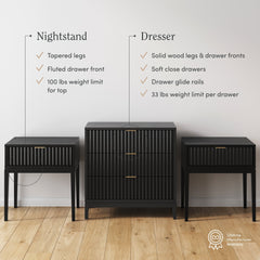 Mid-Century Wooden Fluted Dresser & Nightstand Set Black Oak
