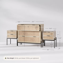 Oak Rattan Nightstand and Dresser Set with Drawers
