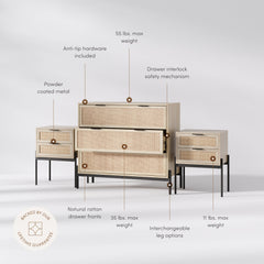 Oak Rattan Nightstand and Dresser Set with Drawers