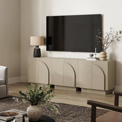 Arched TV Console Cabinet for TVs up to 75" Beige Linen