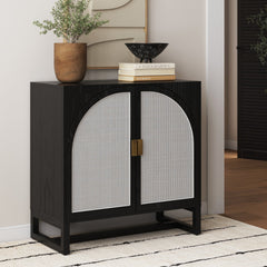 Boho Rattan Arched Door Storage Cabinet Black