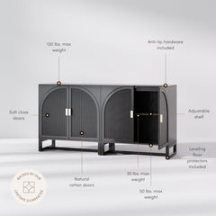 Arched Wooden Storage Credenza Black Rattan (Set of 2)