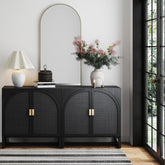 Arched Wooden Storage Credenza Black Rattan (Set of 2)