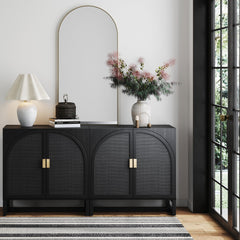 Arched Wooden Storage Credenza Black Rattan (Set of 2)