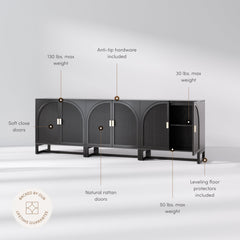 Arched Wooden Storage Credenza Black Rattan (Set of 3)