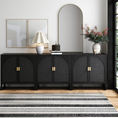 Arched Wooden Storage Credenza Black Rattan (Set of 3)