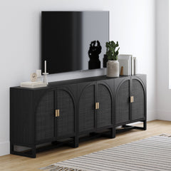 Arched Wooden Storage Credenza Black Rattan (Set of 3)