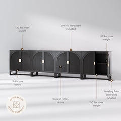 Arched Wooden Storage Credenza Black Rattan (Set of 4)