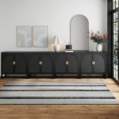 Arched Wooden Storage Credenza Black Rattan (Set of 4)