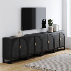 Arched Wooden Storage Credenza Black Rattan (Set of 4)