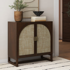 Boho Rattan Arched Door Storage Cabinet Dark Acacia