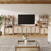 Arched Rattan Entertainment Center Wall Unit with Bookshelves (75" TV)