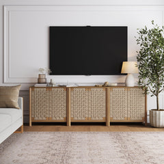 Boho Woven Seagrass Storage Cabinet Credenza Light Brown (Set of 3)
