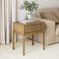 Bohemian Solid Wood Nightstand Set of 2 with Drawer Light Brown