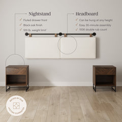 Boucle Queen Headboard and Walnut Nightstand Set