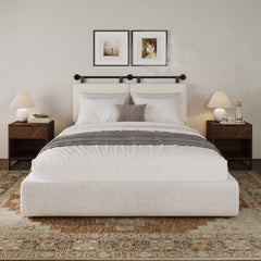 Boucle Queen Headboard and Walnut Nightstand Set