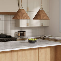 Modern Farmhouse Coastal Rattan Pendant Vintaged Brass (Set of 2)