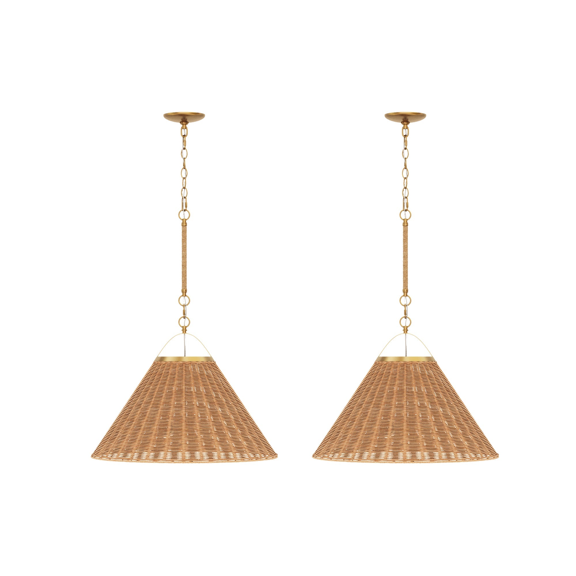 Modern Farmhouse Coastal Rattan Pendant Vintaged Brass (Set of 2)