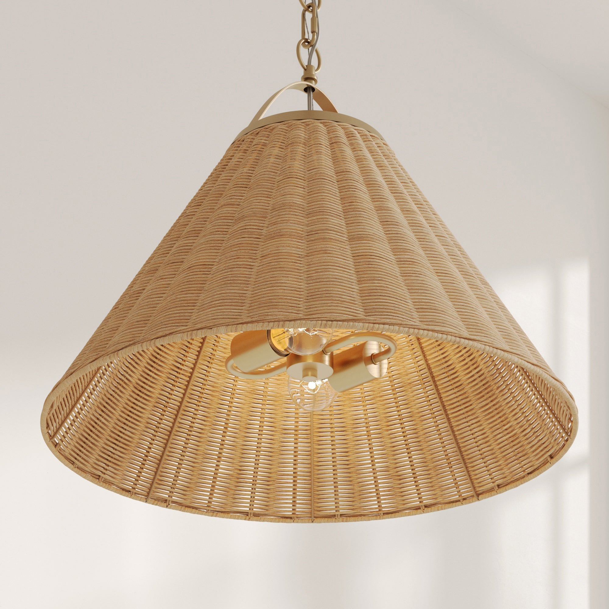 Modern Farmhouse Coastal Rattan Pendant Vintaged Brass