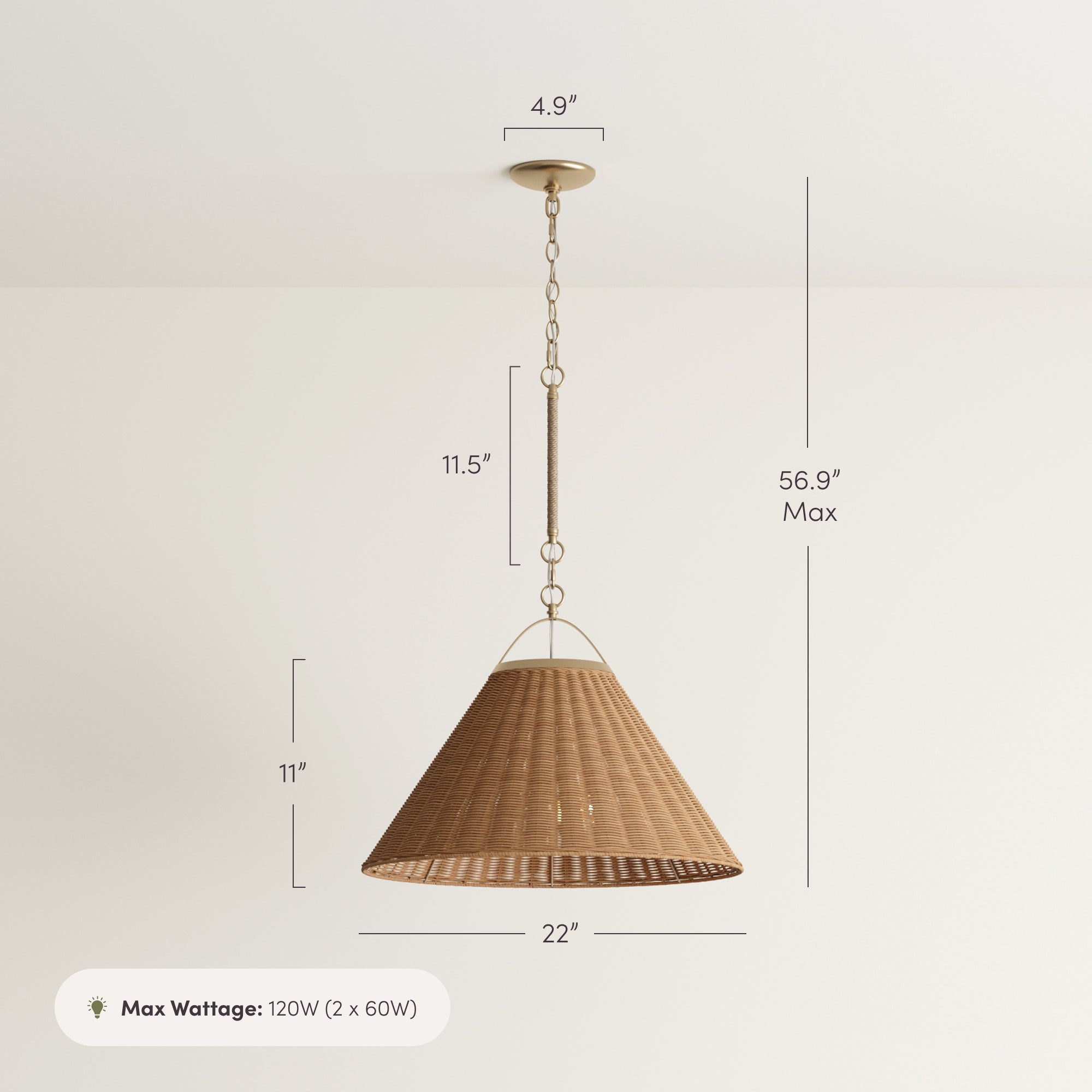 Modern Farmhouse Coastal Rattan Pendant Vintaged Brass