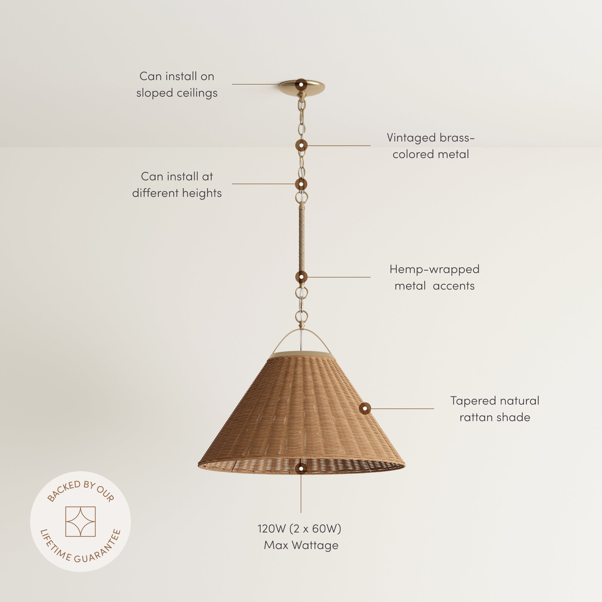 Modern Farmhouse Coastal Rattan Pendant Vintaged Brass
