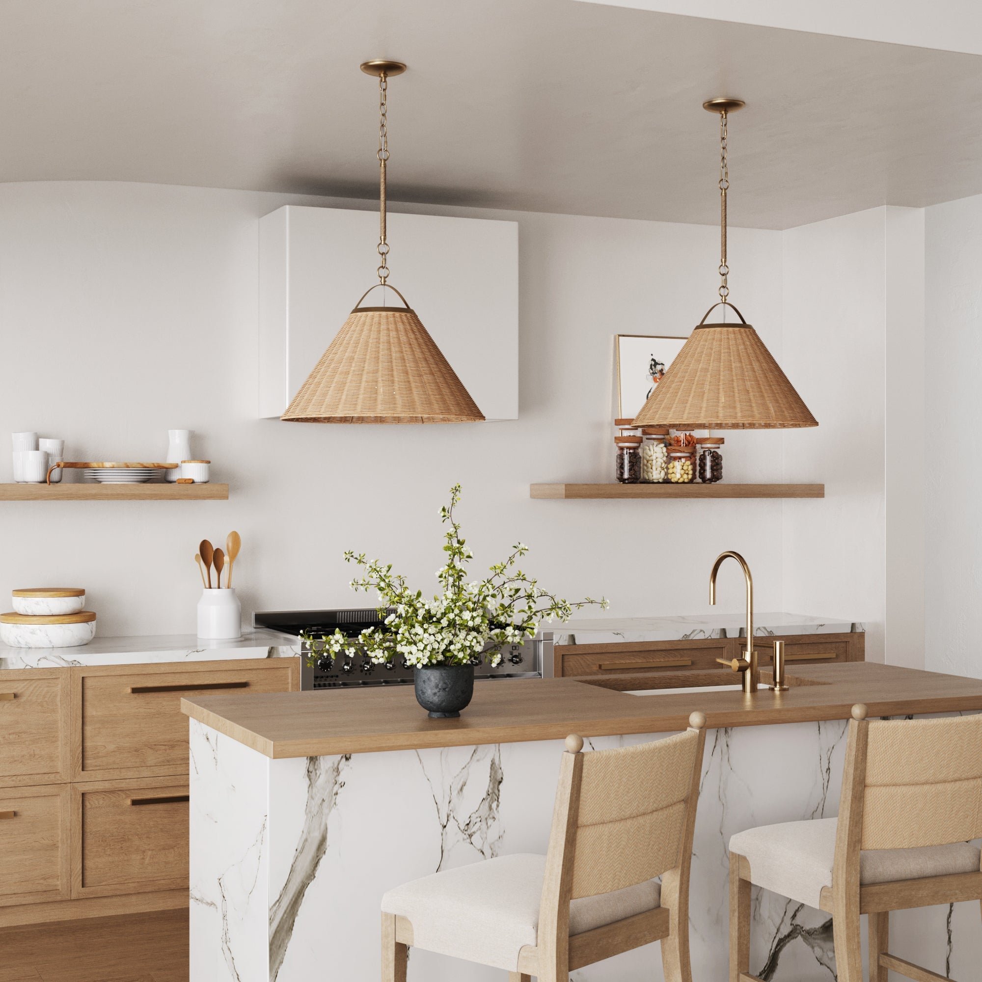 Modern Farmhouse Coastal Rattan Pendant Vintaged Brass