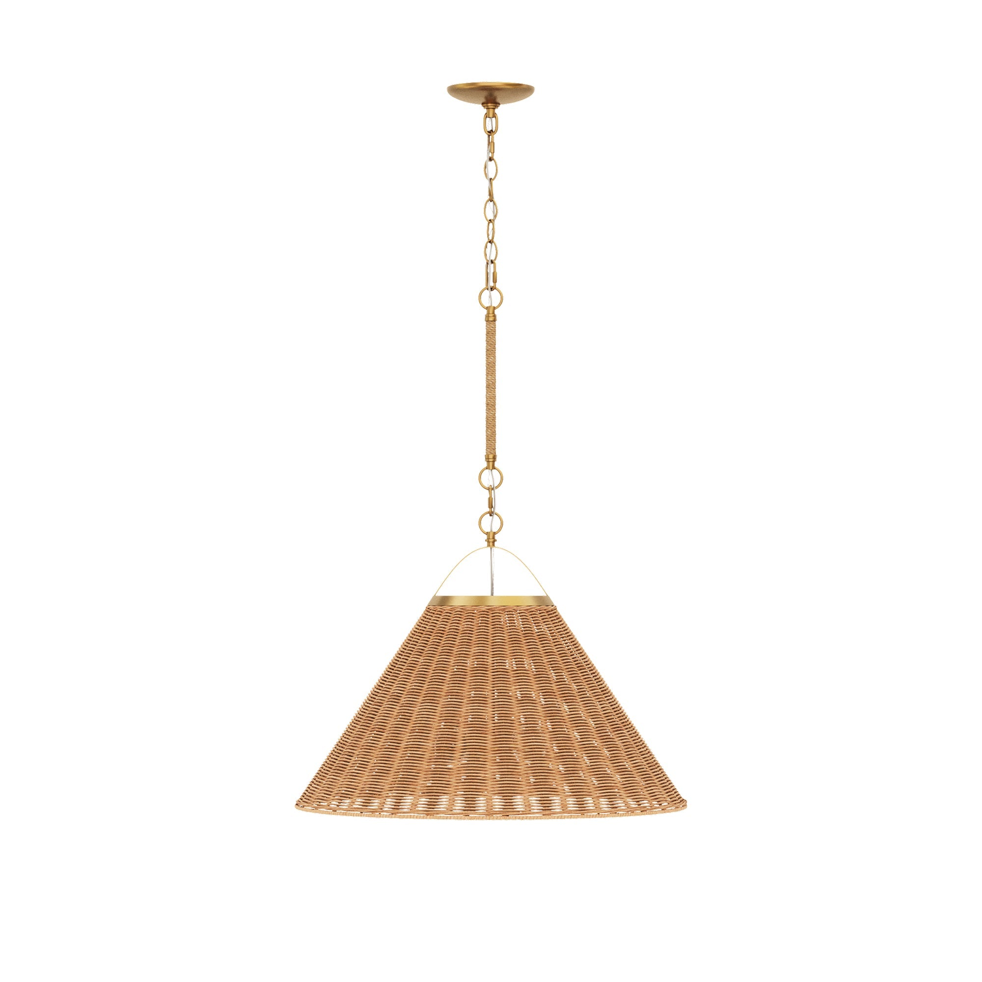 Modern Farmhouse Coastal Rattan Pendant Vintaged Brass