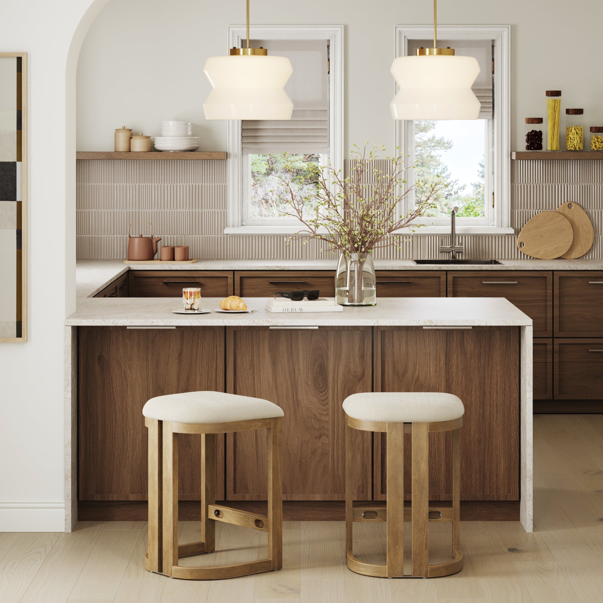 Barrel Wooden Backless Bar Stool Light Brown Set of 2
