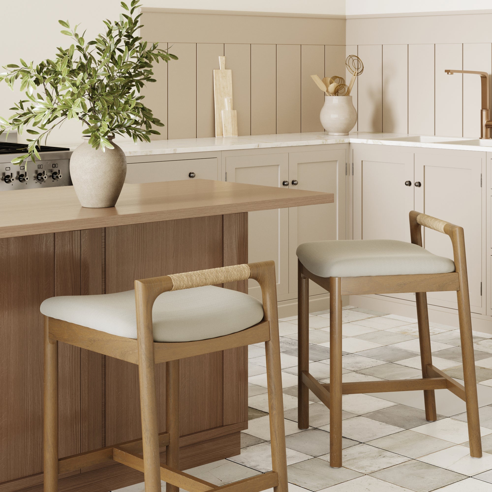 Modern Wooden Upholstered Low Back Counter Stool Light Brown (Set of 2)