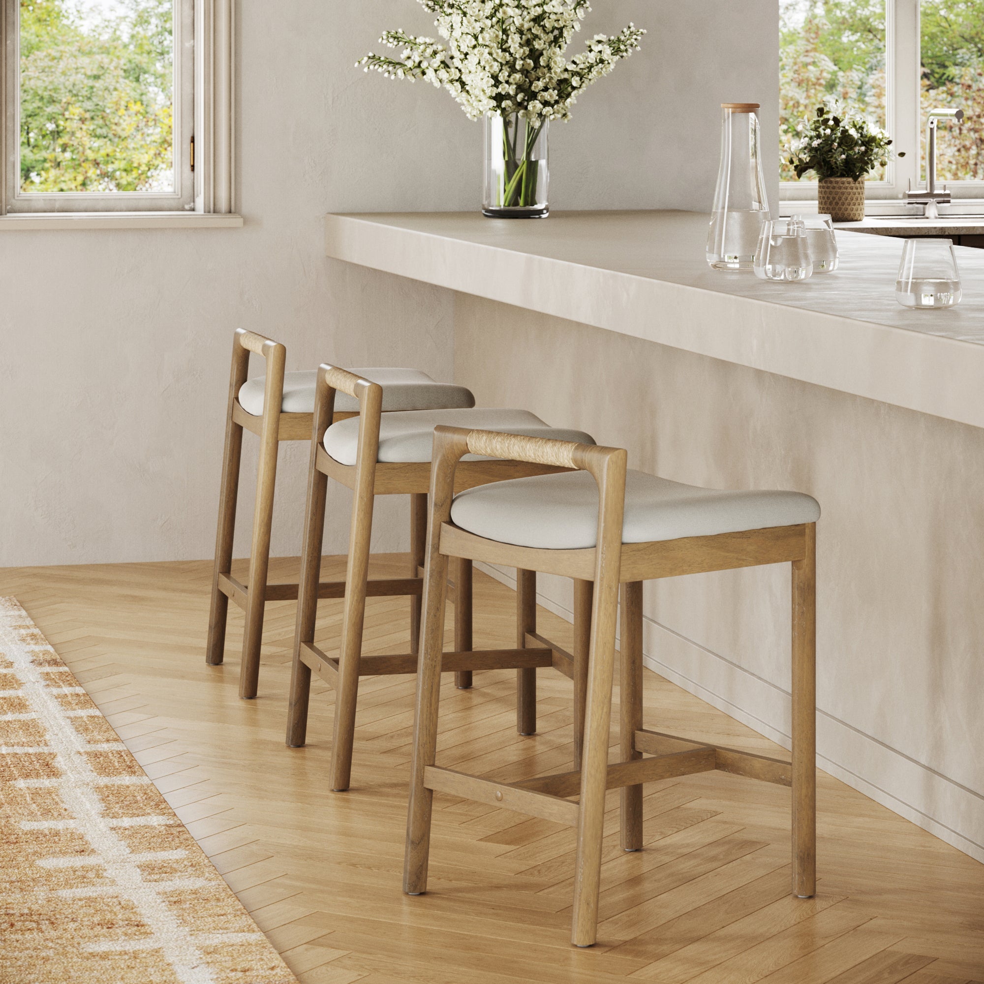 Modern Wooden Upholstered Low Back Counter Stool Light Brown (Set of 3)
