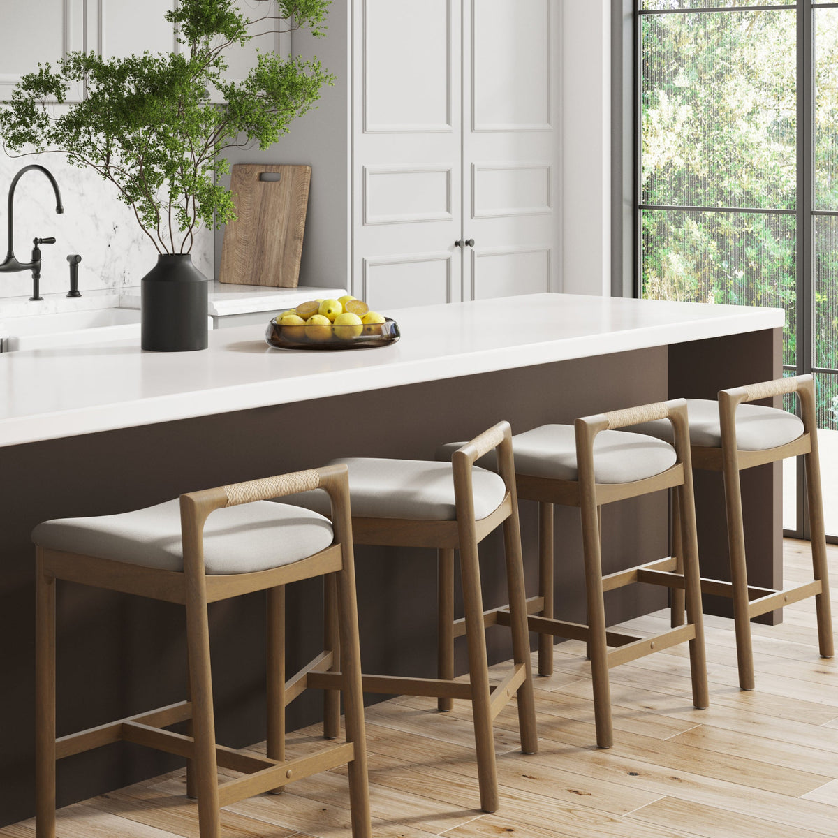 Modern Wooden Upholstered Low Back Counter Stool Light Brown (Set of 4)
