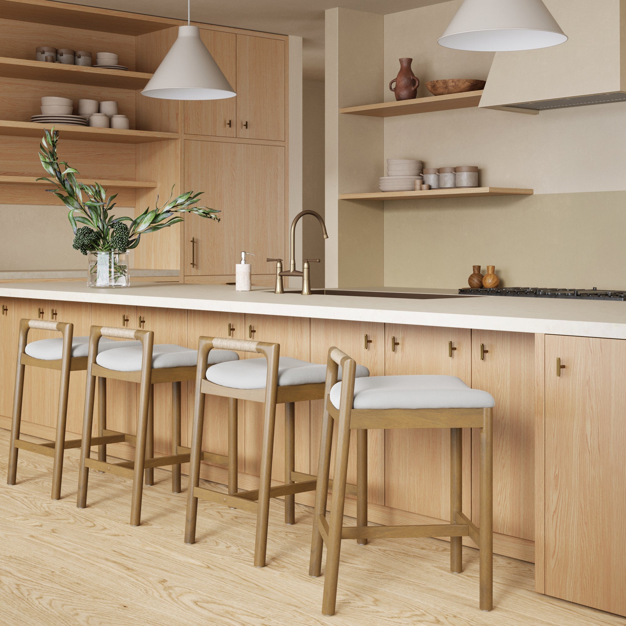 Modern Wooden Upholstered Low Back Counter Stool Light Brown (Set of 4)