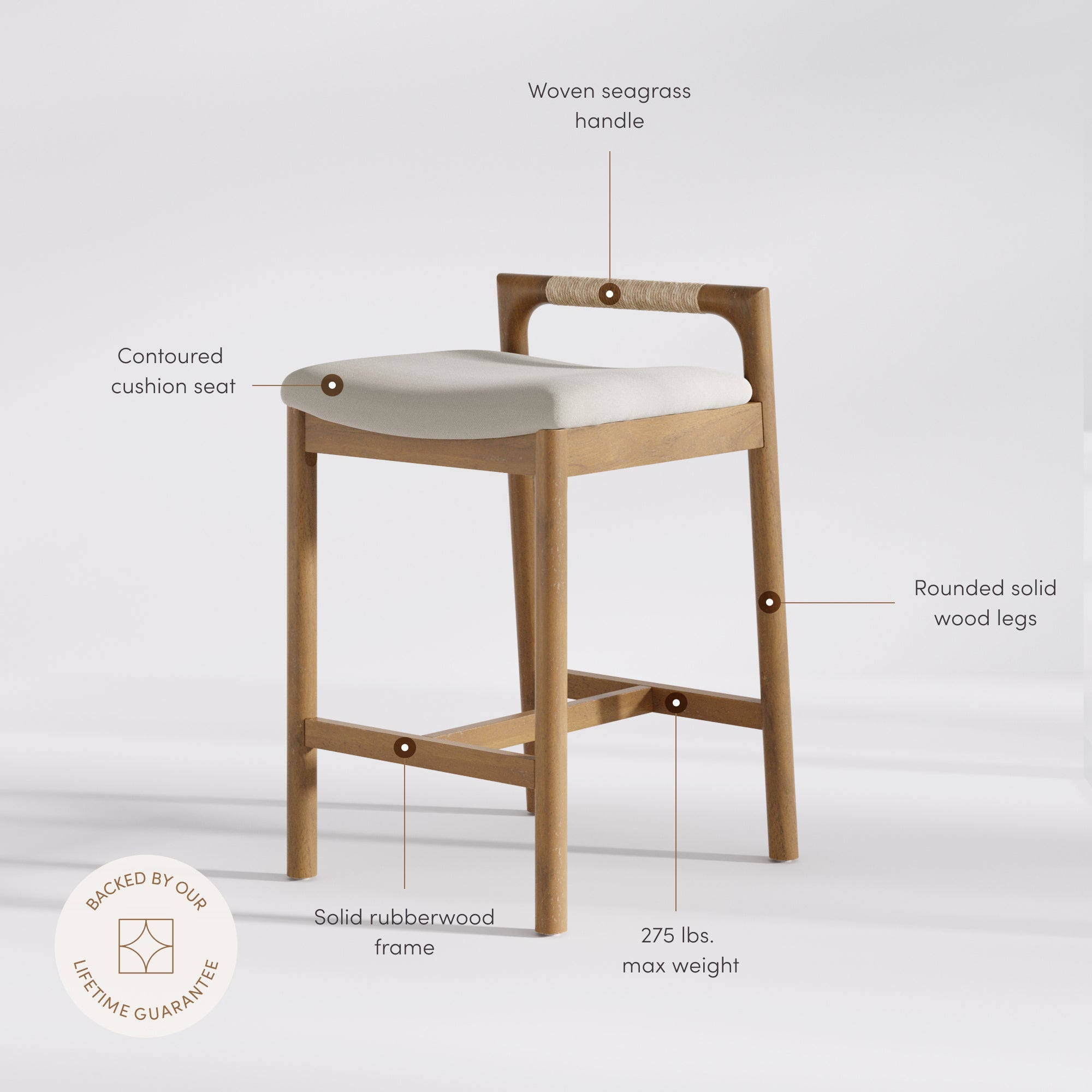Modern Wooden Upholstered Low Back Counter Stool Light Brown