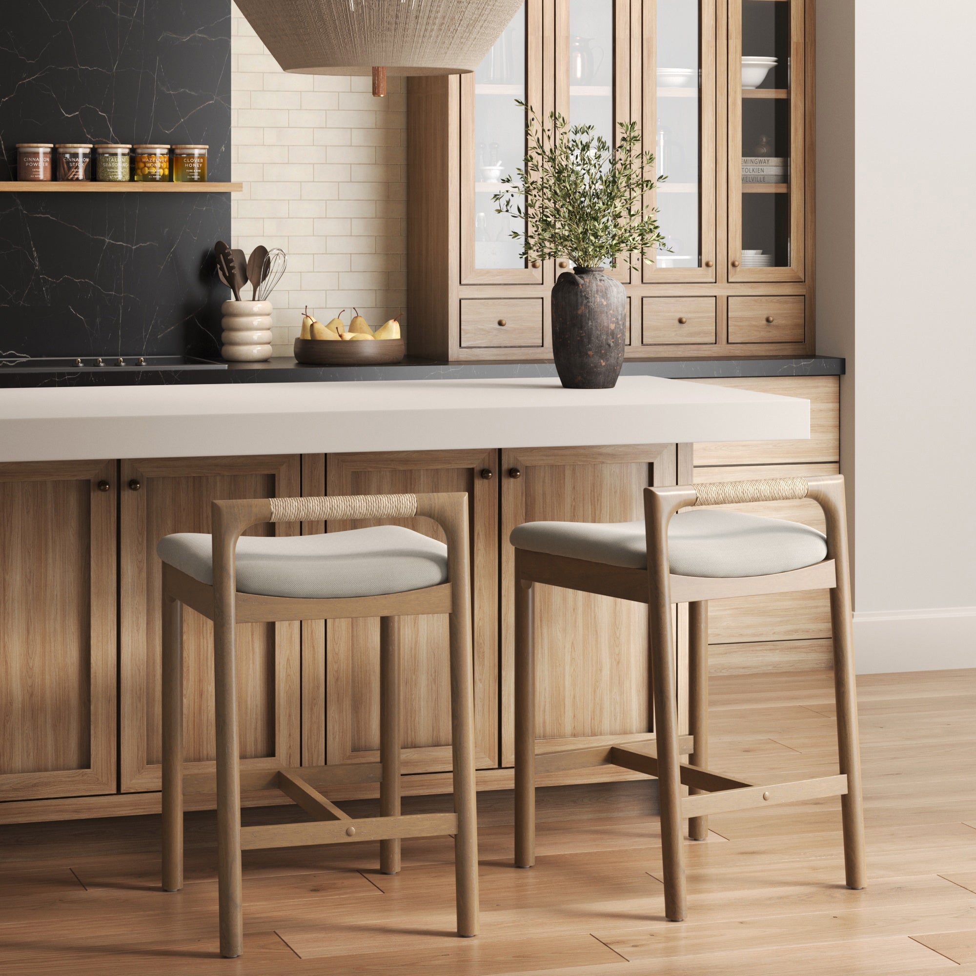 Modern Wooden Upholstered Low Back Counter Stool Light Brown
