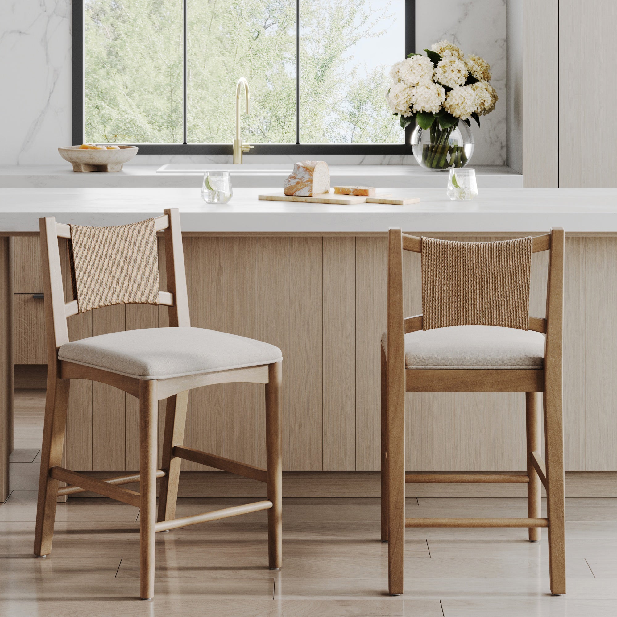 Seagrass Back Arched Footrest Counter Height Bar Stool (Set of 2)