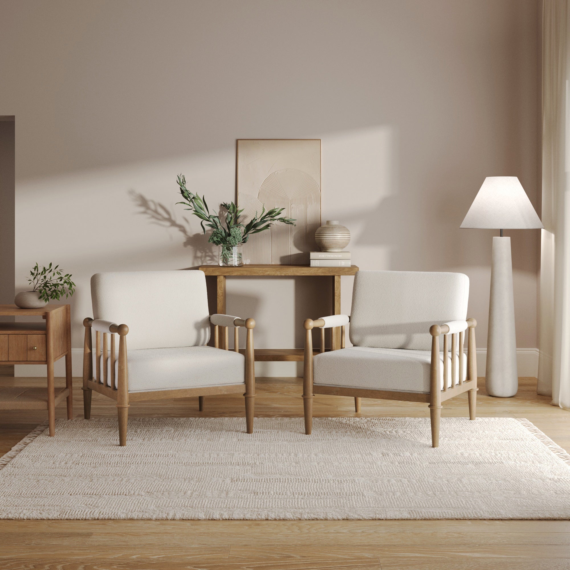 Bohemian Boucle Accent Chair with Arm Cream Boucle (Set of 2)