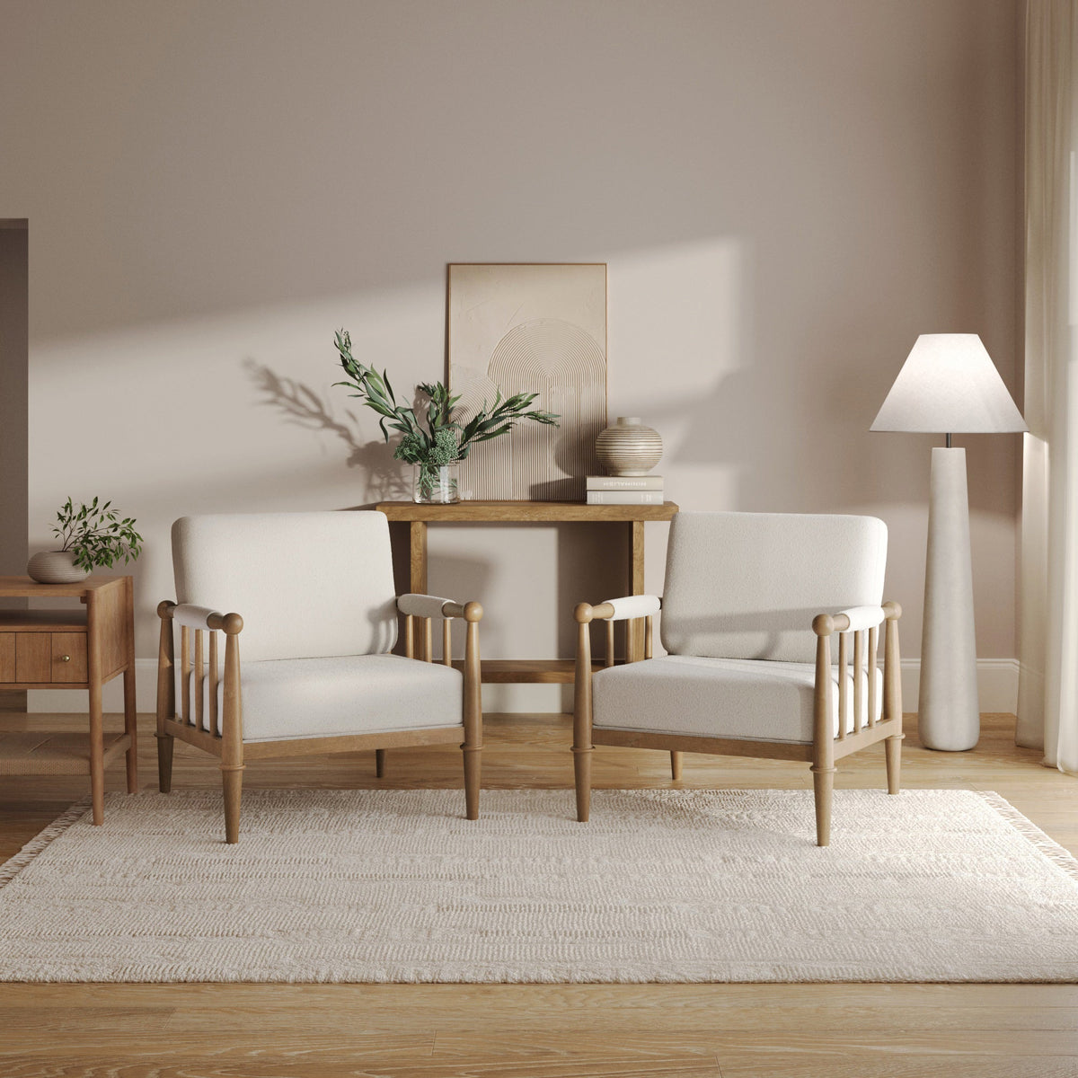 Bohemian Boucle Accent Chair with Arm Cream Boucle (Set of 2)