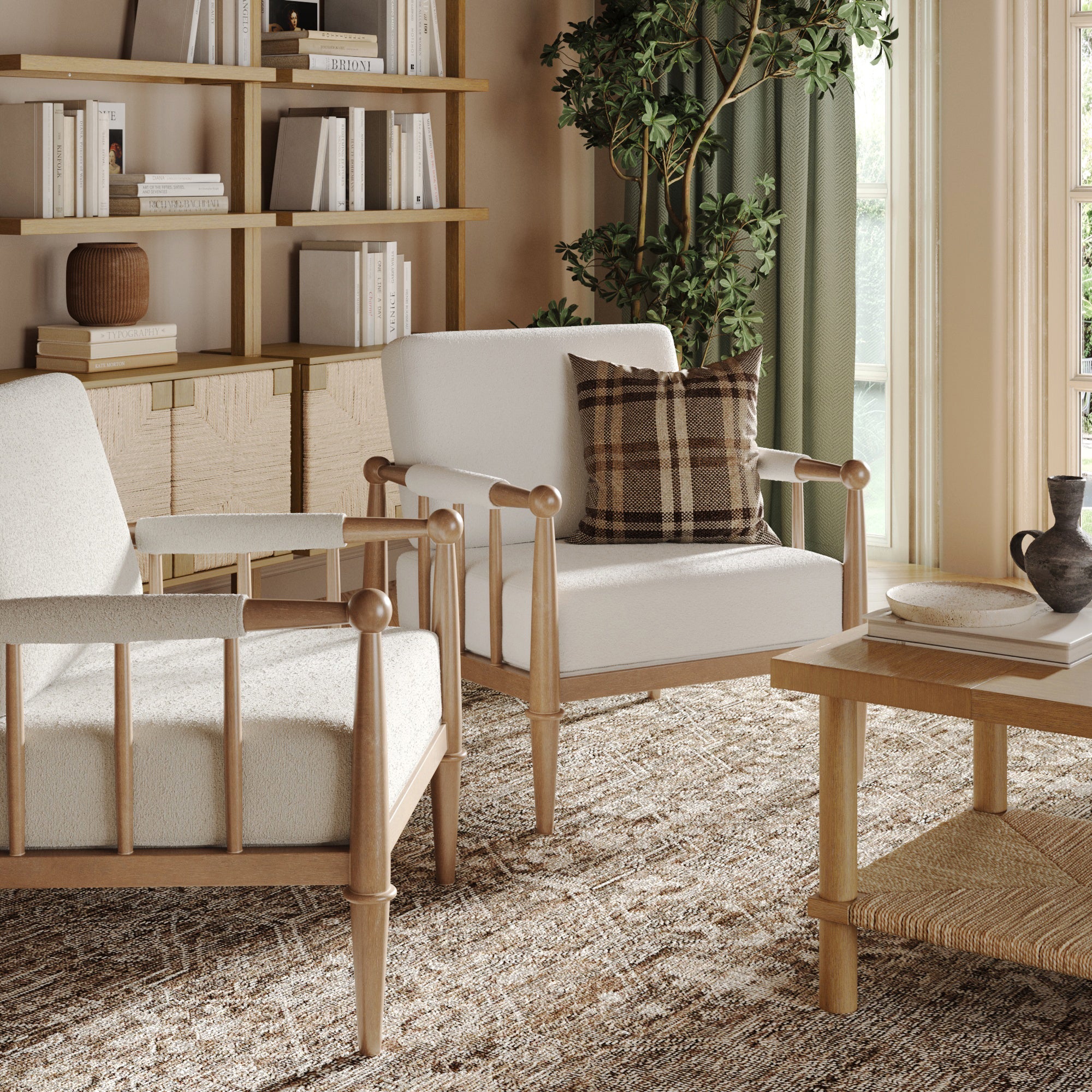 Bohemian Boucle Accent Chair with Arm Cream Boucle (Set of 2)