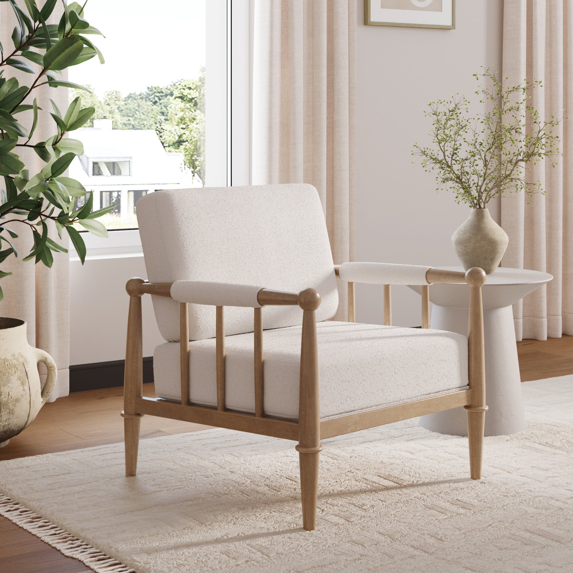 Bohemian Boucle Accent Chair with Arm Cream Boucle