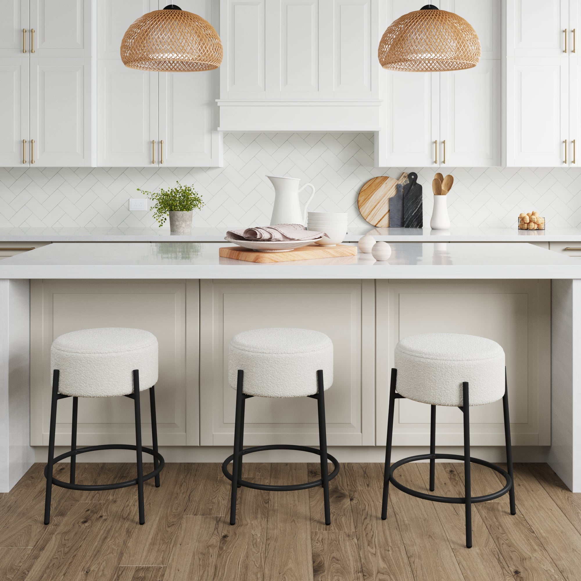Round Boucle Backless Counter Height Bar Stools (Set of 3)